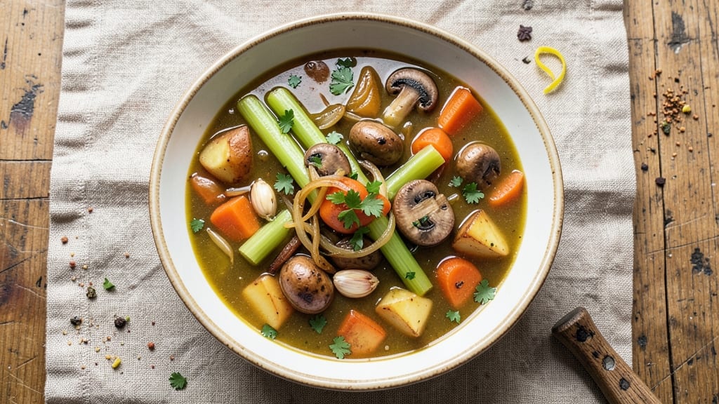 Amy's Chunky Vegetable Soup Recipe: Crispy Celery Crowns Over Creamy Herb Base