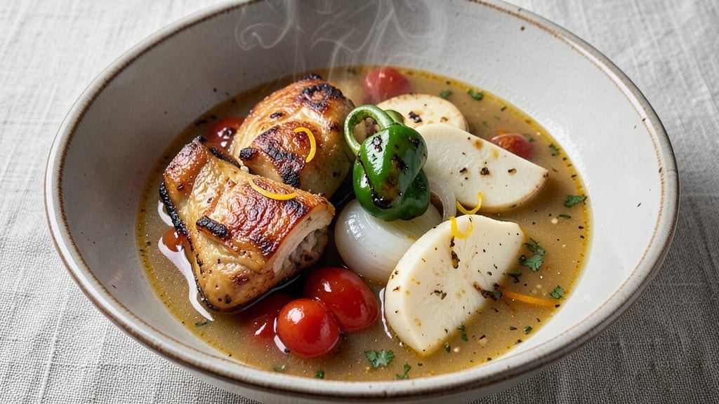 Aguadito Soup Recipe: Crispy Tortilla Crowns Over Smoky Tomato-Lime Velout