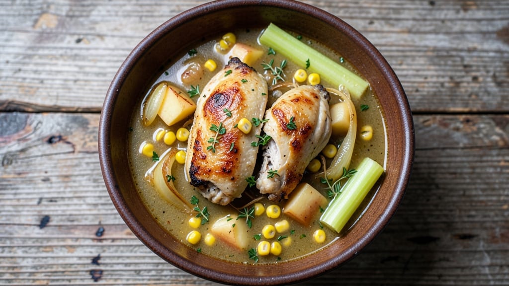 Amish Chicken Corn Chowder Soup Recipe: Crispy Celery Crowns Over Creamy Herb Base