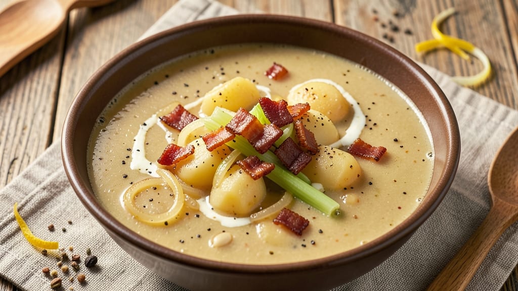 Bennigan's Loaded Potato Soup Recipe: Bacon-Cheese Crunch Over Creamy Herb Velout
