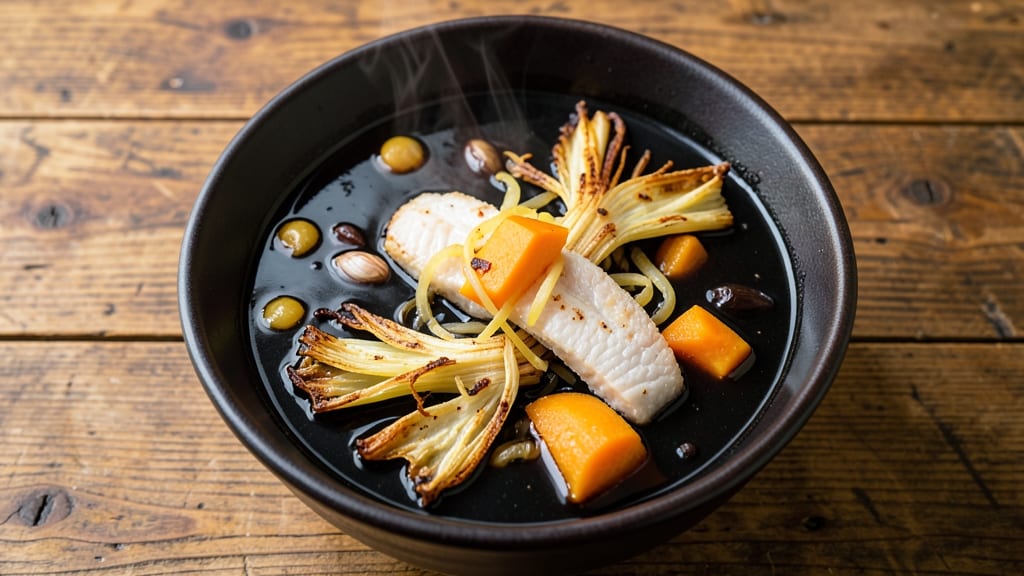 Belizean Black Soup Recipe: Crispy Celery Crowns Over Smoky Pumpkin Velout