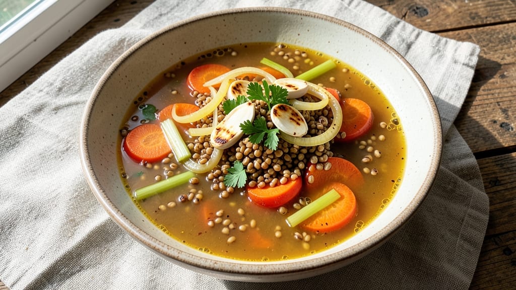 Barley Broth Soup Recipe: Crispy Celery Crowns Over Nutty, Earthy Depth