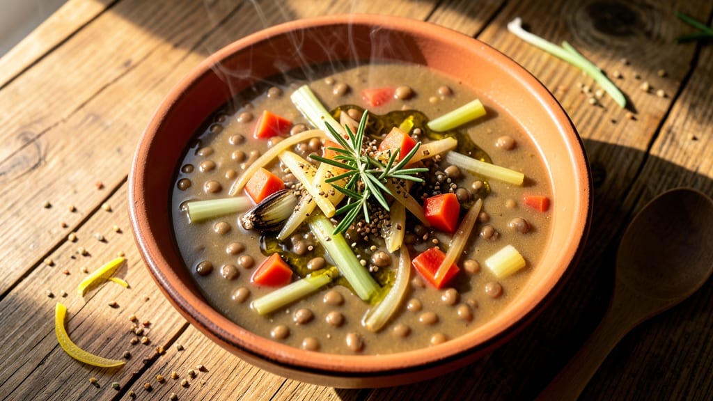 Ancient Mediterranean Lentil Soup Recipe: Crispy Celery Crowns Over Earthy Herb Velout