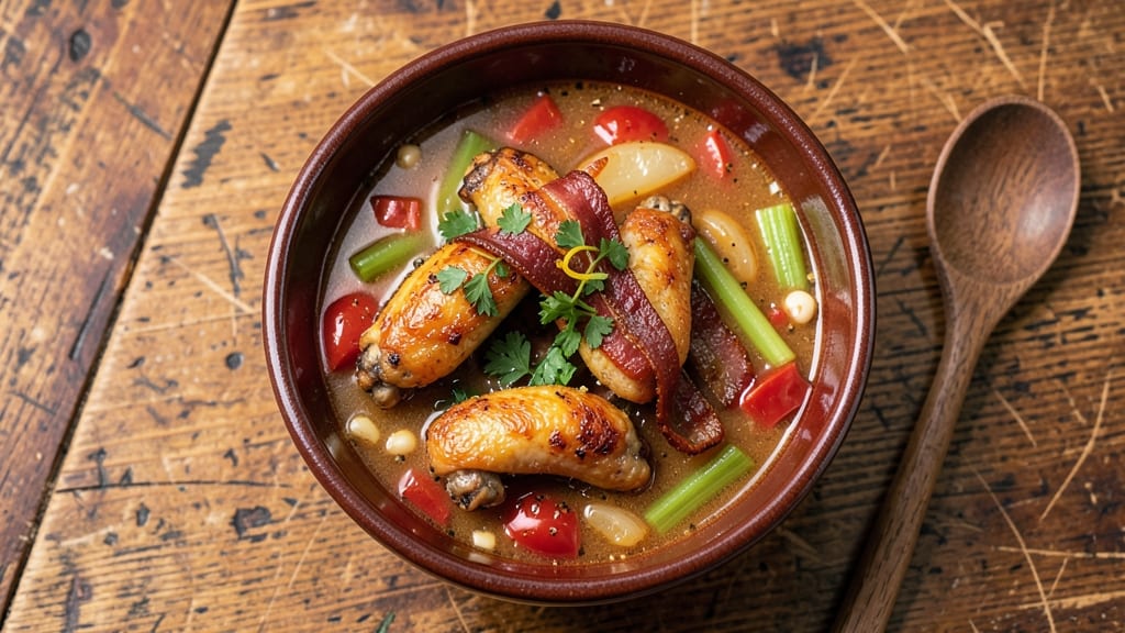 Anchor Bar Chicken Wing Soup Recipe: Crispy Celery Crowns Over Smoky Tomato-Bacon Velouté