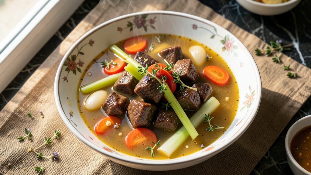 Beef Cubes Soup Recipe: Herb-Infused Velouté With Crispy Celery Crowns