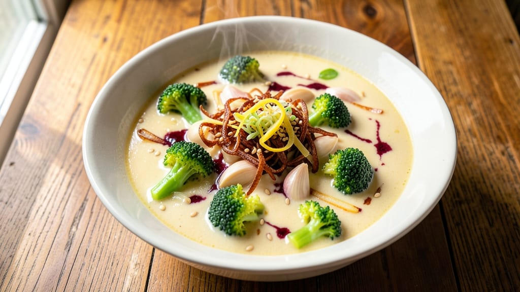 Asian Broccoli Soup Recipe: Crispy Fried Shallots Topped Silky Coconut Broth