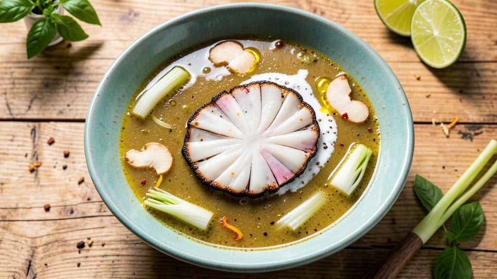 Abalone Soup Recipe Hawaii: Crispy Celery Crowns Over Coconut-Lime Velouté