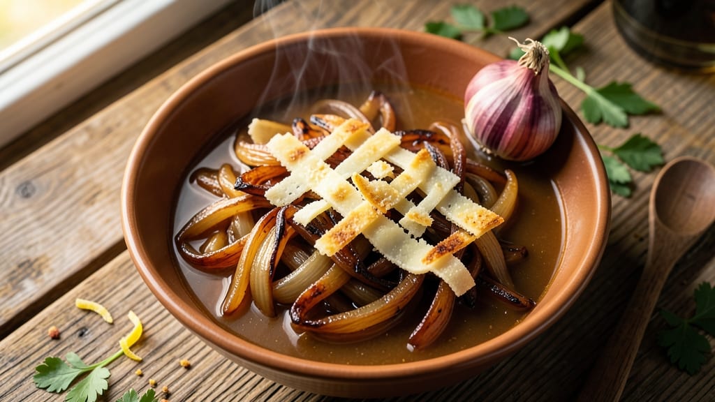 7 Onion Soup Recipe: Toasted Garlic Crunch Over Melty Gruyère