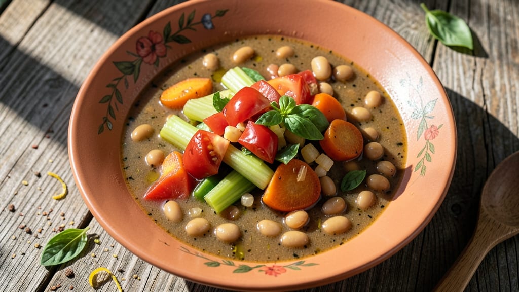 Amy's Rustic Italian Vegetable Soup Recipe: Crispy Celery Crowns Over Herb-Infused Velout