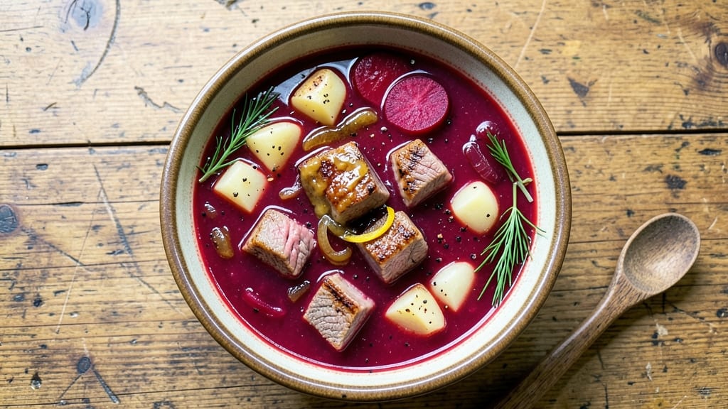 Authentic Russian Borscht Soup Recipe: Deep Beetroot Ruby With Sour Cream Swirl