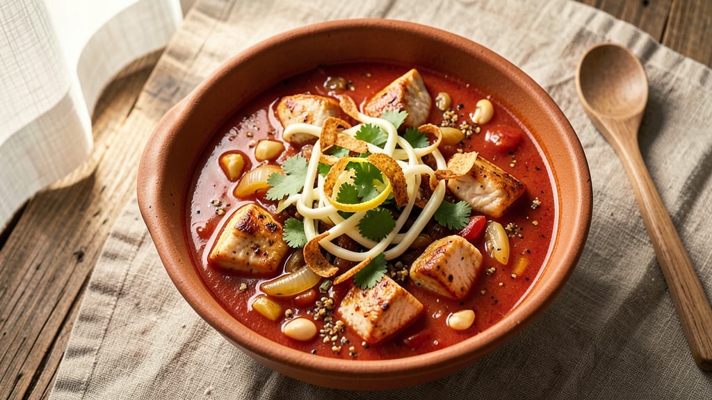 Baja Enchilada Soup Recipe: Tortilla-Crusted Topping Over Spicy Tomato-Lime Broth