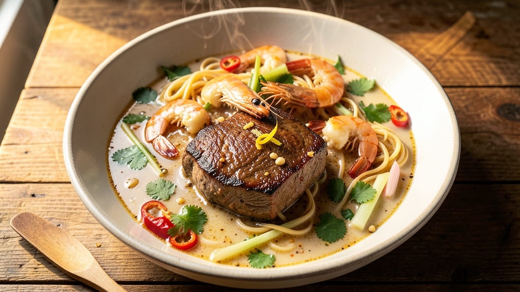Beef Laksa Soup Recipe: Fragrant Coconut Curry With Tender Beef and Crispy Prawns