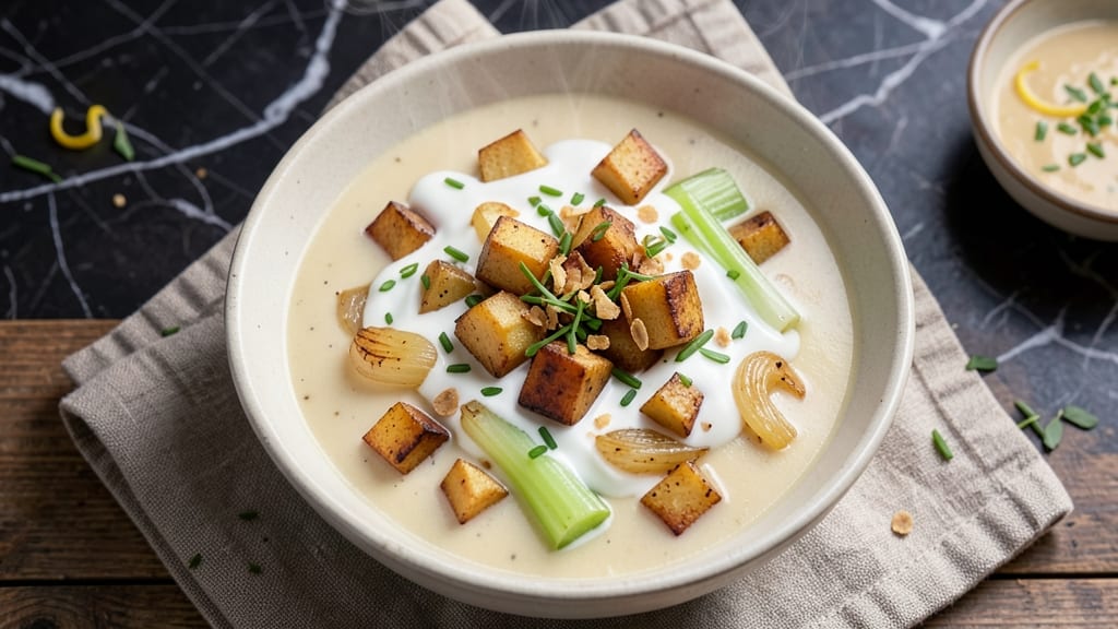 Baked Potato Soup Recipe Without Bacon: Velvety Herb Velout With Crispy Celery Crowns