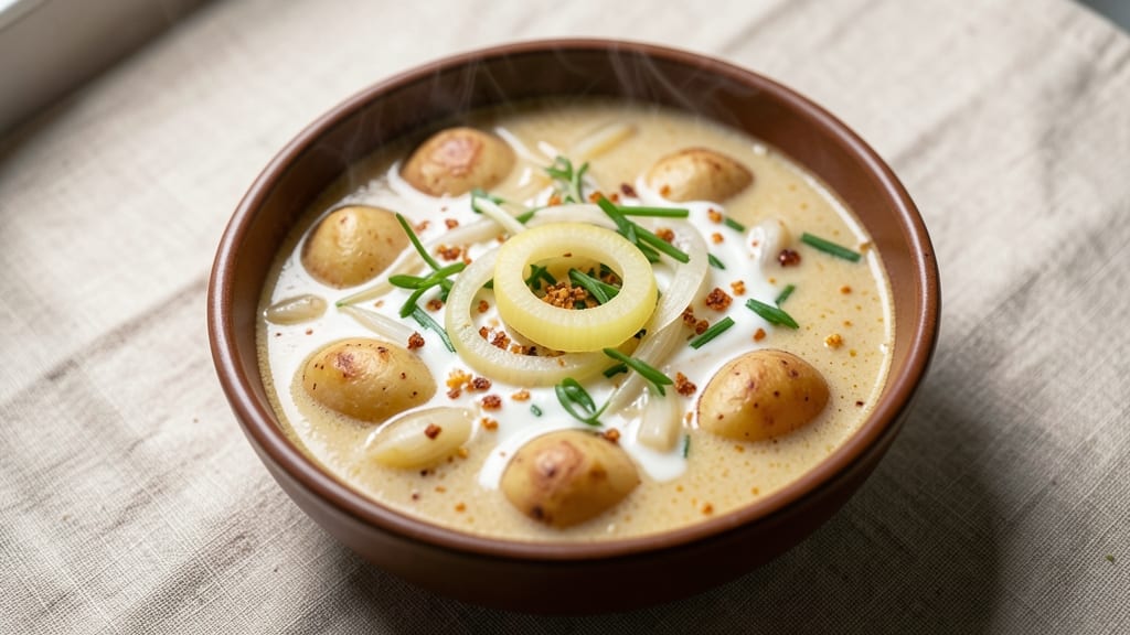 Best Leek and Potato Soup Recipe UK: Golden Crisp Celery Crowns on Creamy Herb Velouté