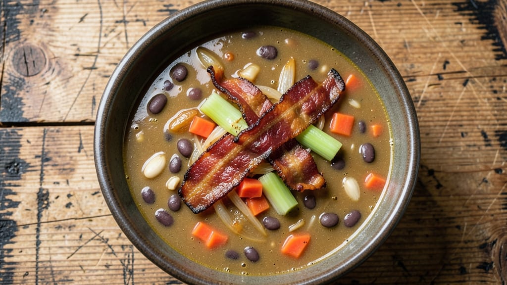 Bean and Bacon Slow Cooker Soup Recipe: Smoky Bacon Crunch Over Creamy Bean Velout