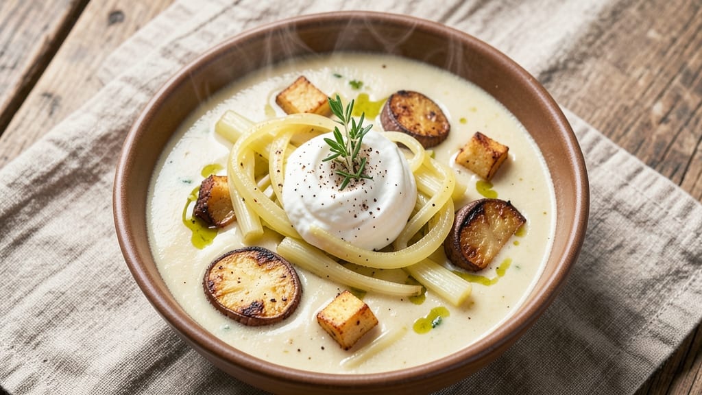 Alton Brown's Potato Soup Recipe: Crispy Celery Crowns on Velvety Herb Base