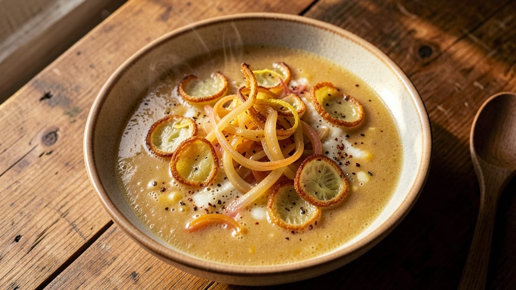 Alton Brown's Beer Cheese Soup Recipe: Crispy Celery Crowns Over Smoky Gruyère Velouté