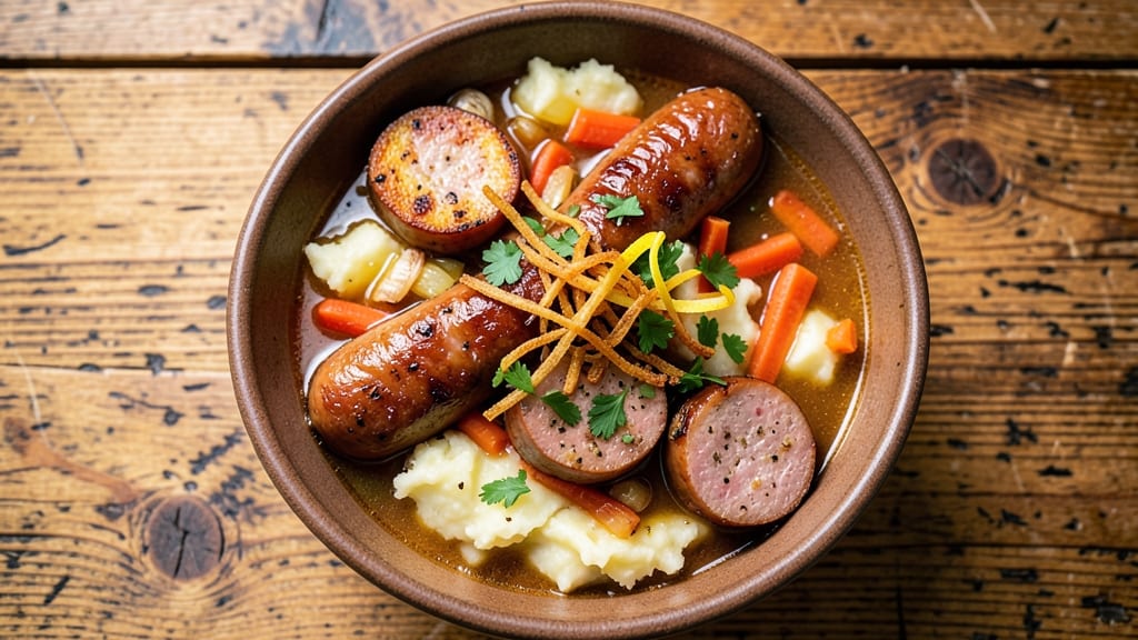 Beer Brat Soup Recipe: Crispy Celery Crowns Over Smoky Beer-Braised Velout