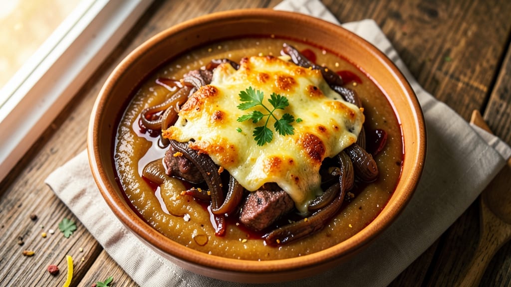 Bennigan's French Onion Soup Recipe: Crispy Gruyere Crown Over Smoky Beef Broth
