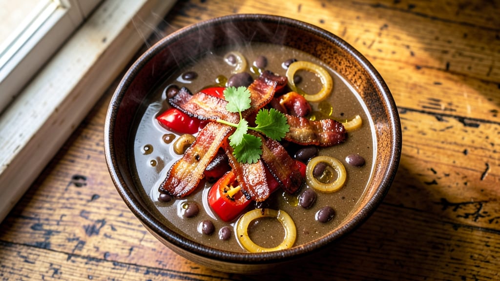 Black Bean and Bacon Soup Recipe: Smoky Bacon Crunch Over Creamy Bean Velout