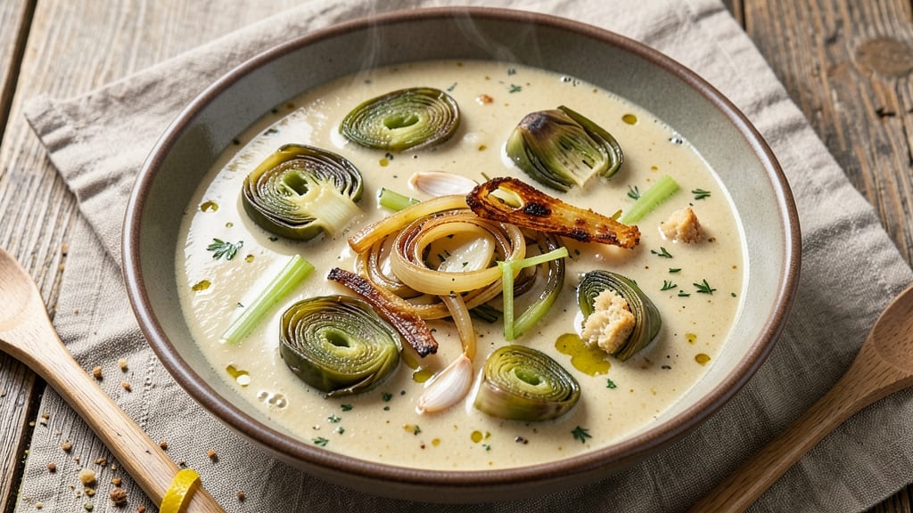 Artichoke Hearts Soup Recipe: Crispy Celery Crowns Over Creamy Herb Velouté