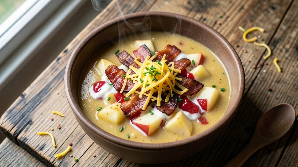 Apple Barn Loaded Potato Soup Recipe: Crispy Bacon and Cheese Stuffed Potatoes in Creamy Tomato Broth