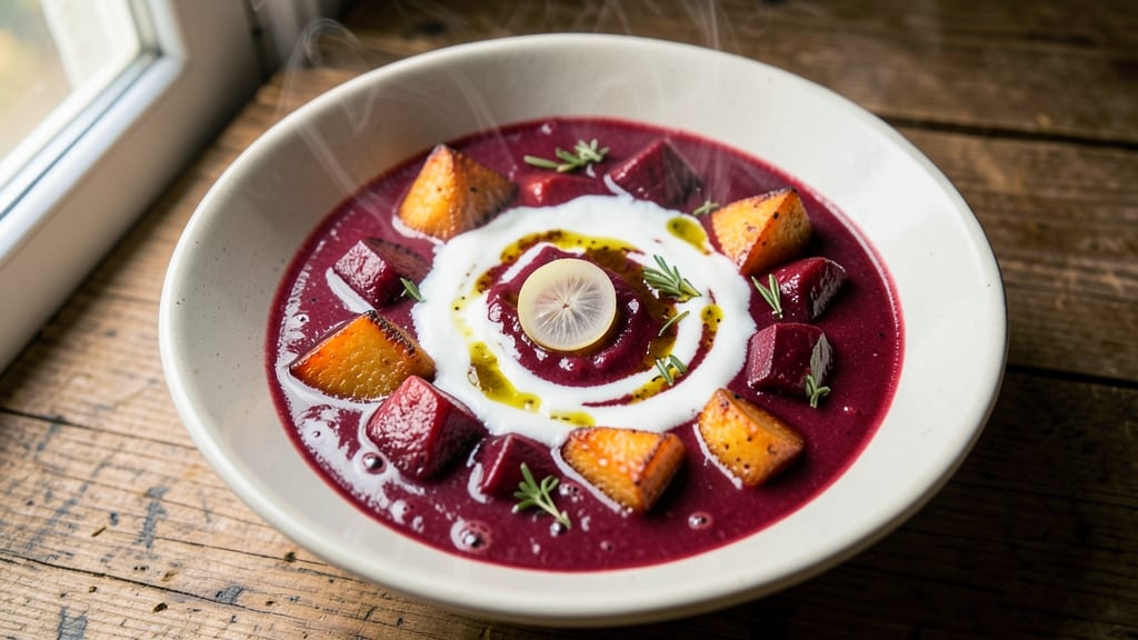 Beet and Sweet Potato Soup Recipe: Earthy-Sweet Harmony With Crispy Celery Crowns