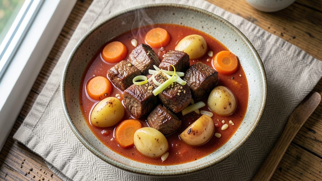 Beef Stew Recipe with Tomato Soup and Potatoes and Carrots: One-Pot Heartiness With Crispy Celery Crowns