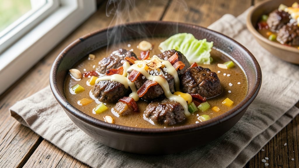 All-American Cheeseburger Soup Recipe: Crispy Bacon Bits and Juicy Beef Bites