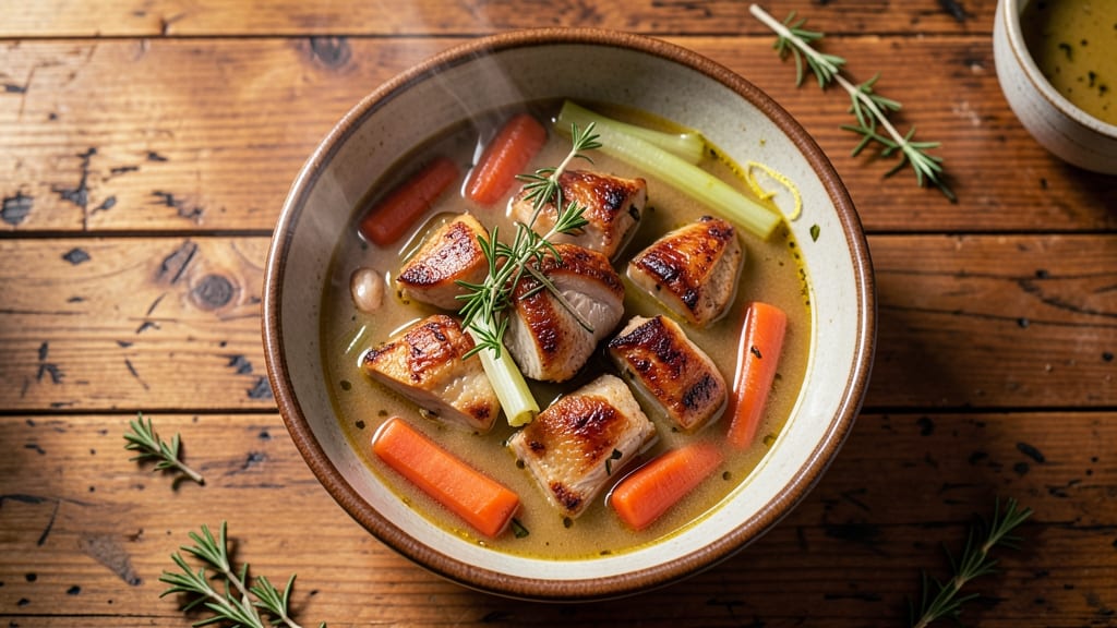 Award-Winning Turkey Soup Recipe: Velvety Herb Broth with Crispy Celery Crowns