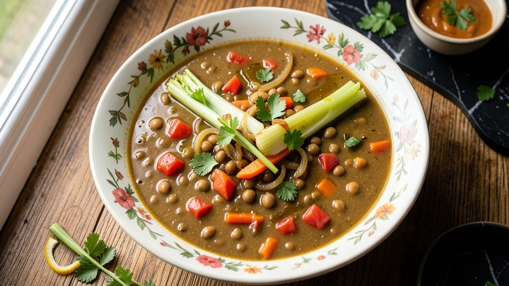 Annie's Lentil Soup Recipe: Crispy Celery Crowns Over Earthy Lentil Velout