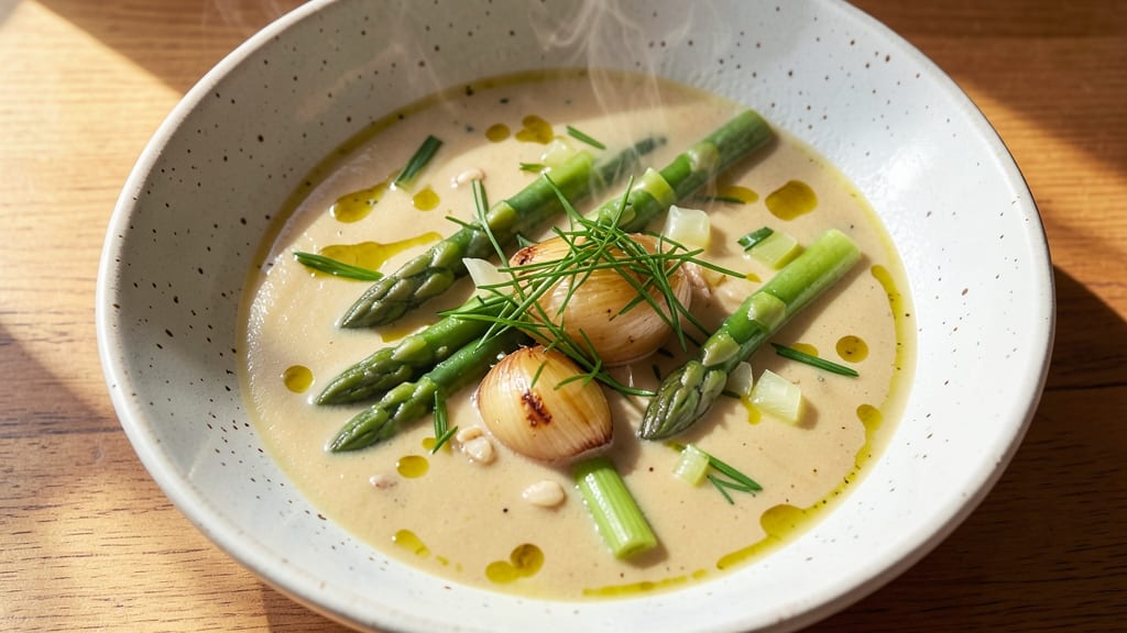 Asparagus and Celery Soup Recipe: Herb-Infused Velout With Crispy Celery Crowns